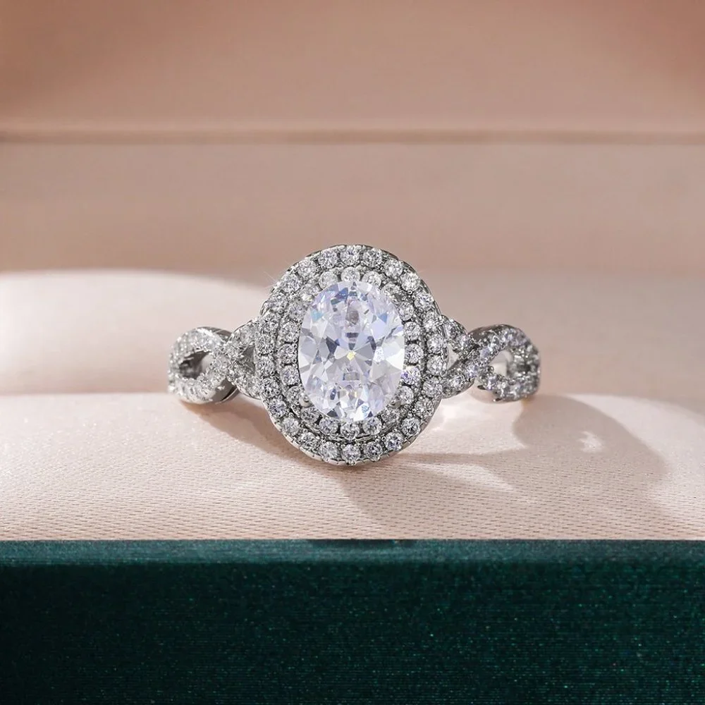 😍14K WHITE GOLD DOUBLE LAYER💫CRYSTAL OVAL WEDDING LUXURY RING GIRL TEEN, K900